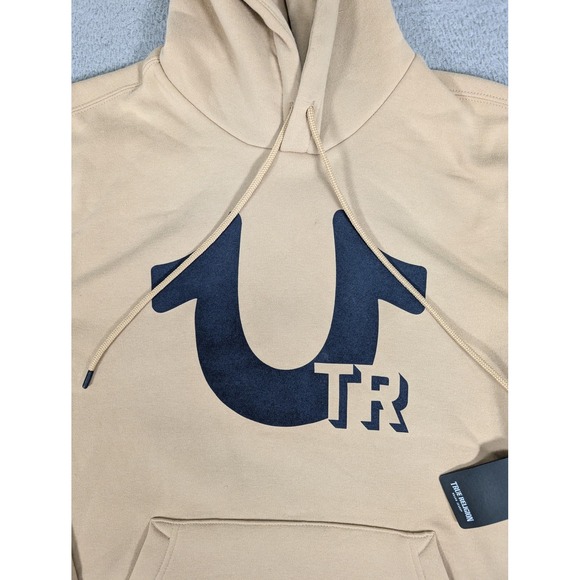 True Religion Hoodie Mens Large Beige Navy TR Logo Pullover Sweatshirt New Tags - Picture 2 of 11